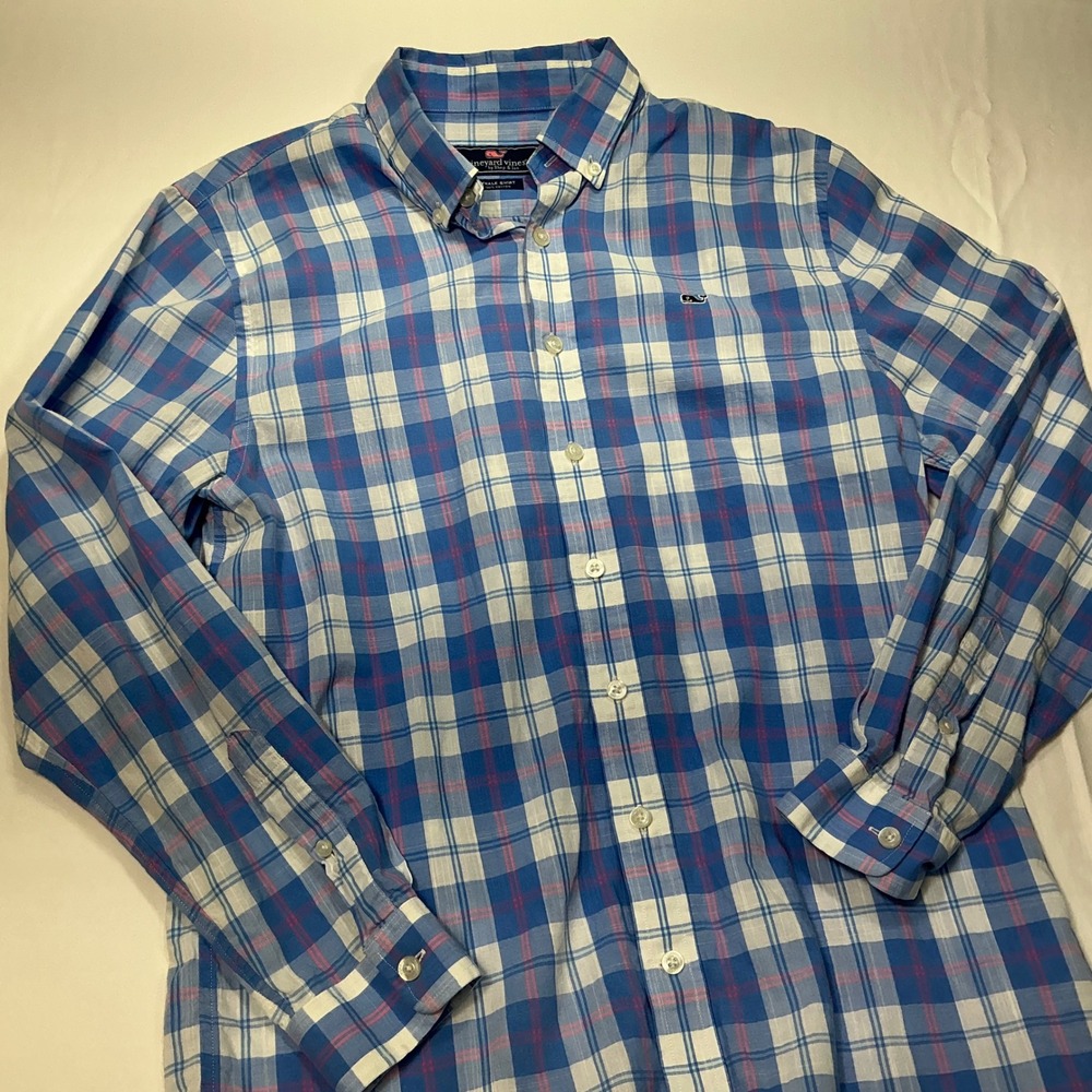 Vineyard Vines Plaid Whale Shirt Button Down‎ Long Sleeve Blue Youth XL 18